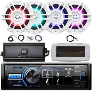 JVC KD-X560BT Single-DIN Marine Bluetooth USB/AUX MP3 AM/FM Radio Digital Media Stereo Receiver W/White Cover, 4x 6.5" 300W Max Power 2-Way White RGB LED Speakers, 2-Channel Amplifier W/Kit, Antenna