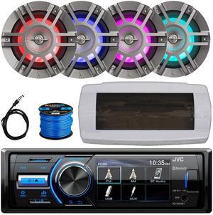 JVC KD-X560BT Single-DIN Marine Bluetooth USB/AUX MP3 AM/FM Radio Digital Media Stereo Receiver W/White Cover, 4x 6.5" 300W Max Power 2-Way Coaxial Titanium Boat RGB LED Speakers W/Wire, 22" Antenna