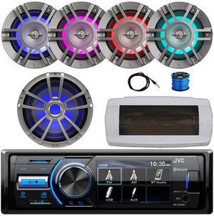 JVC KD-X560BT Single-DIN Marine Bluetooth USB/AUX MP3 AM/FM Radio Digital Media Stereo Receiver W/White Cover, 4x 6.5" 300W Max 2-Way Boat Titanium Speakers W/Wire, 10" RGB LED Subwoofer, 22" Antenna