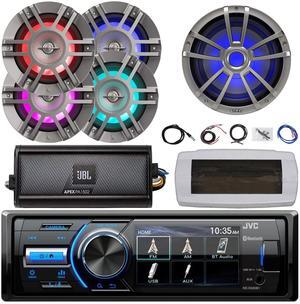 JVC KD-X560BT Single-DIN Marine Bluetooth USB/AUX MP3 AM/FM Radio Digital Media Stereo Receiver W/White Cover, 4x 6.5" 300W Max Titanium Speakers, 10" Subwoofer, 2-Channel Amplifier W/Kit, Antenna