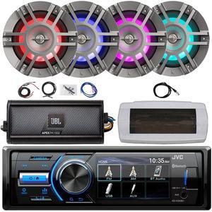 JVC KD-X560BT Single-DIN Marine Bluetooth USB/AUX MP3 AM/FM Radio Digital Media Stereo Receiver W/White Cover, 4x 6.5" 300W Max Titanium RGB LED Speakers, 2-Channel Class D Amplifier W/Kit, Antenna