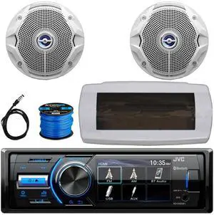 JVC KD-X560BT Single-DIN Marine Bluetooth USB/AUX MP3 AM/FM Radio Digital Media Stereo Receiver W/White Cover, 2x 6.5" 180W Max Power Dual Cone Coaxial White Boat Speakers W/50 Feet Wire, 22" Antenna