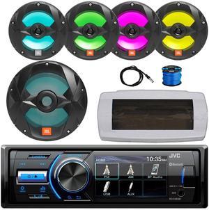 JVC KD-X560BT Single-DIN Marine Bluetooth USB/AUX MP3 AM/FM Radio Digital Media Stereo Receiver W/White Cover, 4x 6.5" 225W Max RGB LED Speakers W/50 Feet Wire, 10" 750W Max Power Subwoofer, Antenna