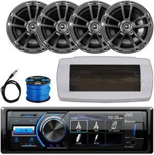 JVC KD-X560BT Single-DIN Marine Bluetooth USB/AUX MP3 AM/FM Radio Digital Media Stereo Receiver W/White Cover, 4x 6.5" 225W Max Power High-Performance 2-Way Boat Chrome Speakers W/Wire, Radio Antenna