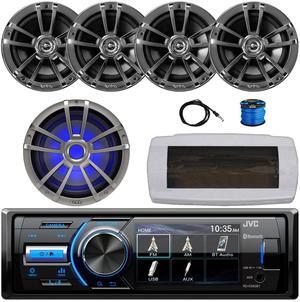 JVC KD-X560BT Single-DIN Marine Bluetooth USB/AUX MP3 AM/FM Radio Digital Media Stereo Receiver W/White Cover, 4x 6.5" 225W Max Power 2-Way Chrome Speakers W/Wire, 10" RGB LED Subwoofer, 22" Antenna