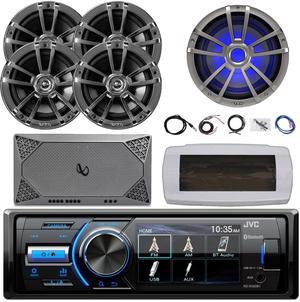 JVC KD-X560BT Single-DIN Marine Bluetooth USB/AUX MP3 AM/FM Radio Digital Media Stereo Receiver W/White Cover, 4x 6.5" 225W Max Speakers, 10" RGB LED Subwoofer, 4-Channel Amplifier W/Kit, 22" Antenna