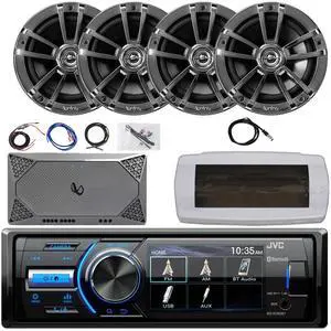 JVC KD-X560BT Single-DIN Marine Bluetooth USB/AUX MP3 AM/FM Radio Digital Media Stereo Receiver W/White Cover, 4x 6.5" 225W Max Power 2-Way Boat Chrome Speakers, 4-Channel Amplifier W/Kit, 22" Antenna