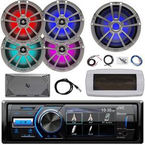 JVC KD-X560BT Single-DIN Marine Bluetooth USB/AUX MP3 AM/FM Radio Digital Media Stereo Receiver W/White Cover, 4x 6.5" 225W Max Speakers, 10" 750W Max Subwoofer, 4-Channel Amplifier W/Kit, Antenna
