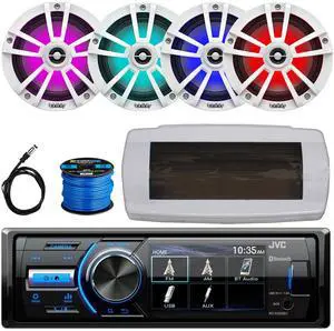 JVC KD-X560BT Single-DIN Marine Bluetooth USB/AUX MP3 AM/FM Radio Digital Media Stereo Receiver W/White Cover, 4x 6.5" 225W Max Power Waterproof Coaxial RGB LED Boat White Speakers W/Wire, Antenna
