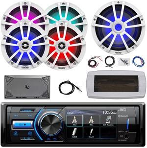 JVC KD-X560BT Single-DIN Marine Bluetooth USB/AUX MP3 AM/FM Radio Digital Media Stereo Receiver W/White Cover, 4x 6.5" 225W Peak Speakers, 10" RGB LED Subwoofer, 4-Channel Amplifier W/Kit, Antenna