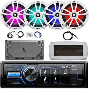JVC KD-X560BT Single-DIN Marine Bluetooth USB/AUX MP3 AM/FM Radio Digital Media Stereo Receiver W/White Cover, 4x 6.5" 225W Max Power RGB LED White Boat Speakers, 4-Channel Amplifier W/Kit, Antenna