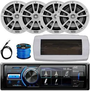 JVC KD-X560BT Single-DIN Marine Bluetooth USB/AUX MP3 AM/FM Radio Digital Media Stereo Receiver W/White Cover, 4x 6.5" 225W Max Power High-Performance 2-Way White Boat Speakers W/50 Feet Wire, Antenna
