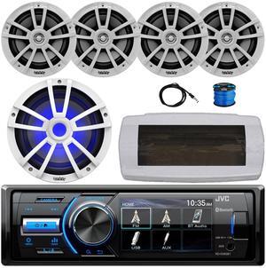 JVC KD-X560BT Single-DIN Marine Bluetooth USB/AUX MP3 AM/FM Radio Digital Media Stereo Receiver W/White Cover, 4x 6.5" 225W Max Power 2-Way White Boat Speakers W/Wire, 10" RGB LED Subwoofer, Antenna