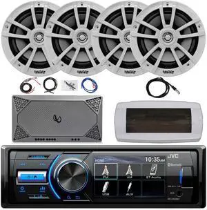 JVC KD-X560BT Single-DIN Marine Bluetooth USB/AUX MP3 AM/FM Radio Digital Media Stereo Receiver W/White Cover, 4x 6.5" 225W Max Power 2-Way White Boat Speakers, 4 Channel Amplifier W/Kit, 22" Antenna