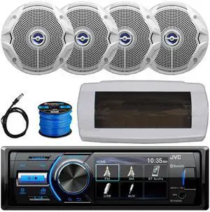 JVC KD-X560BT Single-DIN Marine Bluetooth USB/AUX MP3 AM/FM Radio Digital Media Stereo Receiver W/White Cover, 4x 6.5" 180W Max Power Dual Cone Coaxial White Boat Speakers W/50 Feet Wire, 22" Antenna
