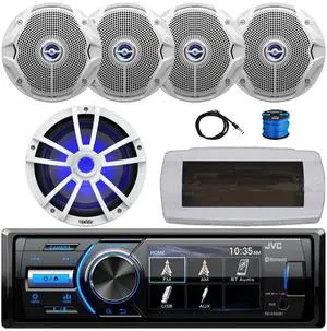 JVC KD-X560BT Single-DIN Marine Bluetooth USB/AUX MP3 AM/FM Radio Digital Media Stereo Receiver W/White Cover, 4x 6.5" 180W Max Power Dual Cone Speakers W/Wire, 10" 750W Max Power Subwoofer, Antenna