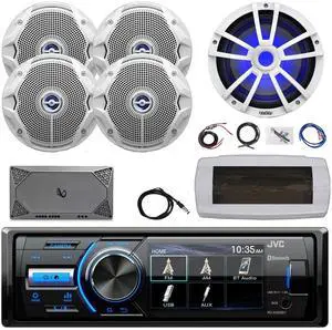 JVC KD-X560BT Single-DIN Marine Bluetooth USB/AUX MP3 AM/FM Radio Digital Media Stereo Receiver W/White Cover, 4x 6.5" 180W Max Speakers, 10" 750W Max Subwoofer, 4-Channel Amplifier W/Kit, 22" Antenna