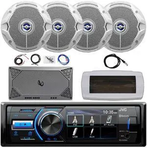 JVC KD-X560BT Single-DIN Marine Bluetooth USB/AUX MP3 AM/FM Radio Digital Media Stereo Receiver W/White Cover, 4x 6.5" 180W Max Power Dual Cone Coaxial Speakers, 4-Channel Amplifier W/Kit 22" Antenna