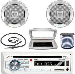 Pyle PLCDBT65 Single-DIN Marine Bluetooth USB/AUX CD Player AM/FM Stereo Receiver W/White Cover, 2x Lanzar 5.25 200W Max Power Water Resistant Boat 2-Way Silver Speakers W/50 Feet 18G Wire, Antenna