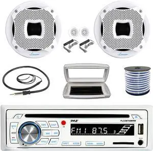 Pyle PLCDBT65 Single-DIN Marine Bluetooth USB/AUX CD Player AM/FM Stereo Receiver W/White Cover, 2x Lanzar 6.5" 450W Max Power 2-Way Boat Audio Component White Speakers W/50 Feet 18G Wire, 22" Antenna