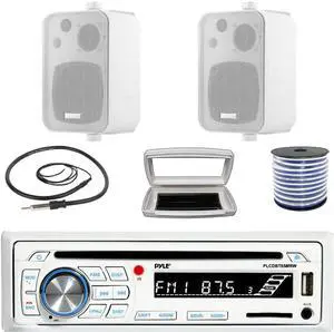 Pyle PLCDBT65 Single-DIN Marine Bluetooth USB/AUX CD Player AM/FM Stereo Receiver W/White Cover, 2x Enrock 4" 30W Max Power 3-Way In Door/Out Door White Box Speakers W/50 Feet 18G Wire, Radio Antenna
