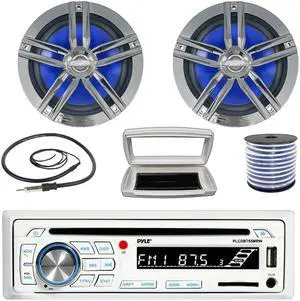 Pyle PLCDBT65 Single-DIN Marine Bluetooth USB/AUX CD Player AM/FM Stereo Receiver W/White Cover, 2x 6.5" 180W Max Power 2-Way High-Performance Boat Charcoal Speakers W/50 Feet 18G Wire, Radio Antenna