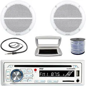 Pyle PLCDBT65 Single-DIN Marine Bluetooth USB/AUX CD Player AM/FM Stereo Receiver W/White Cover, 2x Enrock EM602W 6.5" 90W Max Power 2-Way Full Range White Boat Speakers W/50 Feet 18G Wire, Antenna