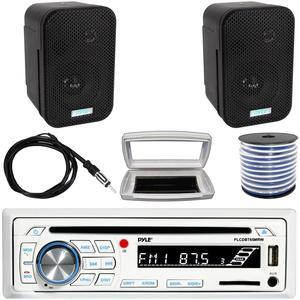 Pyle PLCDBT65 Single-DIN Marine Bluetooth USB/AUX CD Player AM/FM Stereo Receiver W/White Cover, 2x 3.5" 300W Max Power Indoor/Outdoor Black Waterproof Speakers W/50 Feet 18G Wire, 22" Radio Antenna