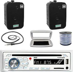 Pyle PLCDBT65 Single-DIN Marine Bluetooth USB/AUX CD Player AM/FM Stereo Receiver W/White Cover, 2x 5.25" 400W Max Power Indoor/Outdoor Black Waterproof Speakers W/50 Feet 18G Wire, 22" Radio Antenna