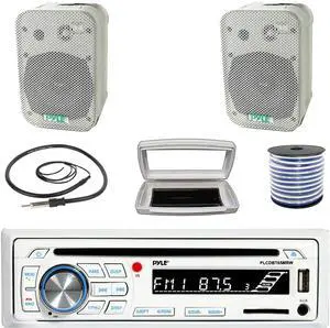 Pyle PLCDBT65 Single-DIN Marine Bluetooth USB/AUX CD Player AM/FM Stereo Receiver W/White Cover, 2x 5.25" 400W Max Power Indoor/Outdoor White Waterproof Boat Speakers W/50 Feet 18G Wire, Radio Antenna