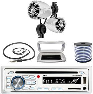 Pyle PLCDBT65 Single-DIN Marine Bluetooth USB/AUX CD Player AM/FM Stereo Receiver W/White Cover, 2x Pyle PLMR22CR 2.25' 10W Max Power Full Range Off-Road Chrome Speakers W/50 Feet 18G Wire, Antenna