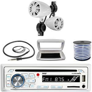 Pyle PLCDBT65 Single-DIN Marine Bluetooth USB/AUX CD Player AM/FM Stereo Receiver W/White Cover, 2x Pyle PLMR22WT 2.25' 10W Max Power Full Range Off-Road White Speakers W/50 Feet 18G Wire, Antenna