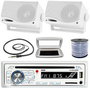 Pyle PLCDBT65 Single-DIN Marine Bluetooth USB/AUX CD Player AM/FM Stereo Receiver W/White Cover, 2x 3.5'' 200W Max Power 3-Way Weather Proof Mini Box White Speakers W/50 Feet 18G Wire, 22" Antenna