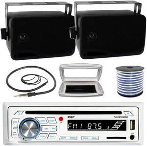 Pyle PLCDBT65 Single-DIN Marine Bluetooth USB/AUX CD Player AM/FM Stereo Receiver W/White Cover, 2x 3.5'' 200W Max Power 3-Way Indoor/Outdoor Wall Mount Black Speakers W/50 Feet 18G Wire, 22" Antenna