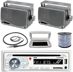 Pyle PLCDBT65 Single-DIN Marine Bluetooth USB/AUX CD Player AM/FM Stereo Receiver W/White Cover, 2x 3.5'' 200W Max Power 3-Way Weather Proof Mini Box Silver Speakers W/50 Feet 18G Wire, Radio Antenna
