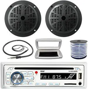 Pyle PLCDBT65 Single-DIN Marine Bluetooth USB/AUX CD Player AM/FM Stereo Receiver W/White Cover, 2x Pyle PLMR51B 5.25'' 100 Watt Max Power 2-Way Full Range Black Speakers W/50 Feet 18G Wire, Antenna