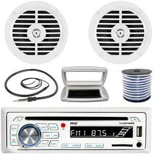 Pyle PLCDBT65 Single-DIN Marine Bluetooth USB/AUX CD Player AM/FM Stereo Receiver W/White Cover, 2x Pyle PLMR57W 5.25" 100W Max Power Dual Cone Full Range White Speakers W/50 Feet 18G Wire, Antenna