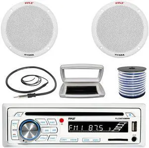 Pyle PLCDBT65 Single-DIN Marine Bluetooth USB/AUX CD Player AM/FM Stereo Receiver W/White Cover, 2x Pyle PLMR605W 6.5'' 400W Max Power Dual Cone 2-way Full Range Speakers W/50 Feet 18G Wire, Antenna