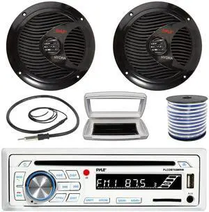 Pyle PLCDBT65 Single-DIN Marine Bluetooth USB/AUX CD Player AM/FM Stereo Receiver W/White Cover, 2x Pyle PLMR60B 6.5" 150W Max Power Full Range Dual Cone Black Speakers W/50 Feet 18G Wire, 22" Antenna