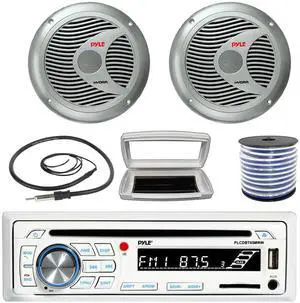 Pyle PLCDBT65 Single-DIN Marine Bluetooth USB/AUX CD Player AM/FM Stereo Receiver W/White Cover, 2x Pyle PLMR60S 6.5'' 150 Watt Max Power 2 Way Boat Silver Speakers W/50 Feet 18G Wire, Radio Antenna