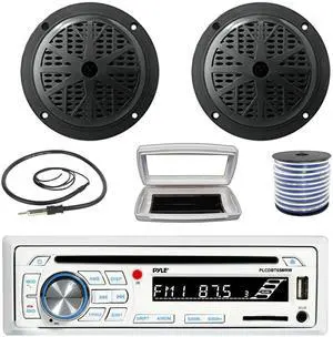Pyle PLCDBT65 Single-DIN Marine Bluetooth USB/AUX CD Player AM/FM Stereo Receiver W/White Cover, 2x Pyle PLMR61B 6.5'' 120W Max Power Dual Cone Boat Audio Black Speakers W/50 Feet 18G Wire, Antenna