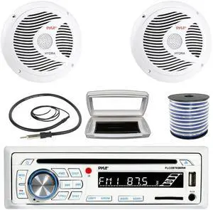 Pyle PLCDBT65 Single-DIN Marine Bluetooth USB/AUX CD Player AM/FM Stereo Receiver W/White Cover, 2x Pyle PLMR60W 6.5" 150W Max Power Full Range Dual Cone White Speakers W/50 Feet 18G Wire, 22" Antenna