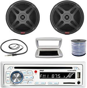 Pyle PLCDBT65 Single-DIN Marine Bluetooth USB/AUX CD Player AM/FM Stereo Receiver W/White Cover, 2x 6.5" 600 Watt Max Power Marine 2-Way Coaxial Full-Range Black Speakers W/50 Feet 18G Wire, Antenna