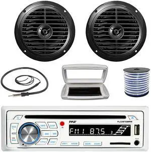 Pyle PLCDBT65 Single-DIN Marine Bluetooth USB/AUX CD Player AM/FM Stereo Receiver W/White Cover, 2x Pyle PLMR67B 6.5'' 120W Max Power Dual Cone Waterproof Black Speakers W/50 Feet 18G Wire, Antenna