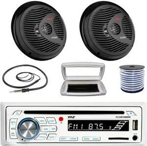 Pyle PLCDBT65 Single-DIN Marine Bluetooth USB/AUX CD Player AM/FM Stereo Receiver W/White Cover, 2x 8'' 180 Watt Max Power Waterproof Full Range Stereo Black Boat Speakers W/50 Feet 18G Wire, Antenna