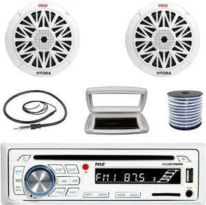 Pyle PLCDBT65 Single-DIN Marine Bluetooth USB/AUX CD Player AM/FM Stereo Receiver W/White Cover, 2x Pyle PLMR82 8" 300W Max Power 2-Way Boat White Speakers W/50 Feet 18 Gauge Wire, 22" Radio Antenna