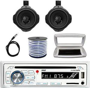 Pyle PLCDBT65 Single-DIN Marine Bluetooth USB/AUX CD Player AM/FM Stereo Receiver W/White Cover, 2x 6.5" 200W Max Power Black Boat Wake Board Speakers, 50 Feet 18 Gauge Speaker Wire, 22" Radio Antenna
