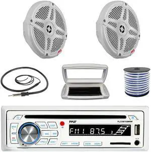 Pyle PLCDBT65 Single-DIN Marine Bluetooth USB/AUX CD Player AM/FM Stereo Receiver W/White Cover, 2x 6.5" 600W Max Power Dual 2-Way Coaxial Range Amplified White Speakers W/50 Feet 18G Wire, Antenna