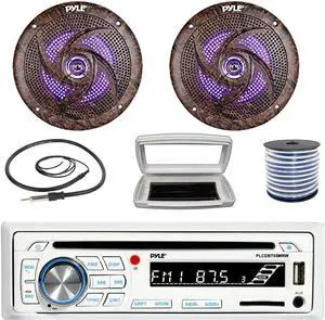Pyle PLCDBT65 Single-DIN Marine Bluetooth USB/AUX CD Player AM/FM Stereo Receiver W/White Cover, 2x 6.5'' 240W Max Power Low Profile Slim Style Blue LED Boat Speakers W/50 Feet 18G Wire, Radio Antenna