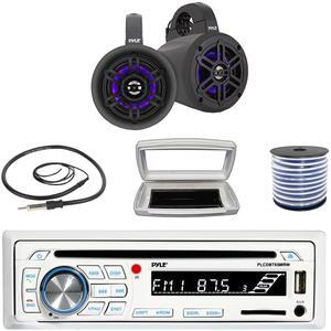 Pyle PLCDBT65 Single-DIN Marine Bluetooth USB/AUX CD Player AM/FM Stereo Receiver W/White Cover, 2x 4" 300W Max Power Waterproof Marine Wakeboard LED Tower Black Speakers W/50 Feet 18G Wire, Antenna